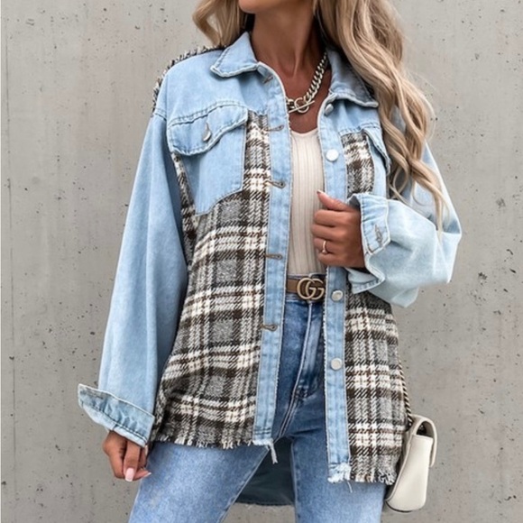 Gingerlicious Boutique Jackets & Blazers - Flannel Plaid Patterned Jean Jacket